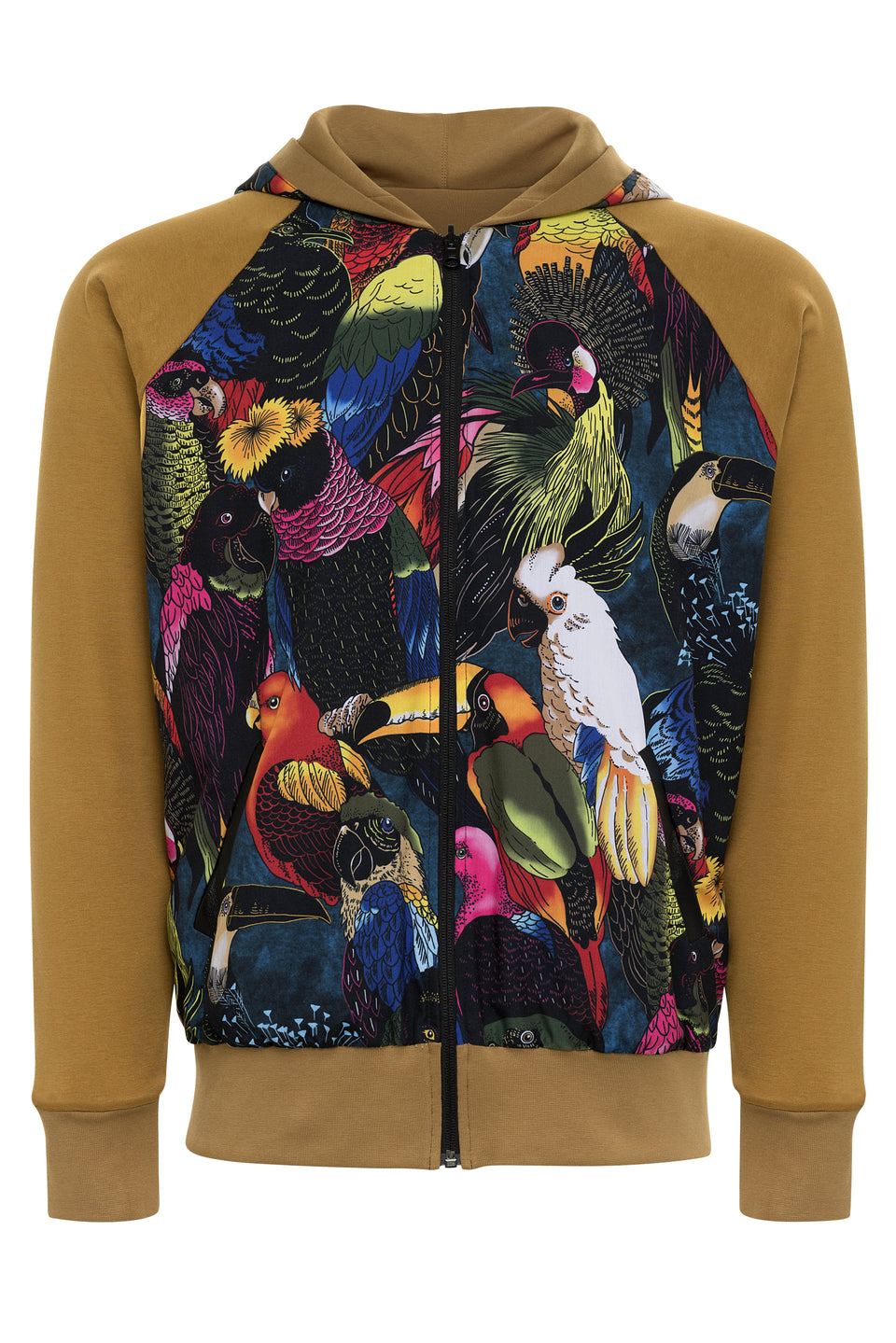 Reversible women's cockatoo print camel hoodie