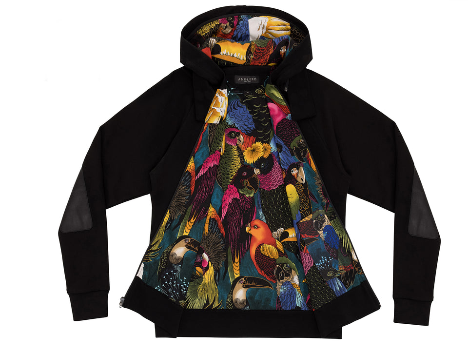 Reversible men's cockatoo print black hoodie